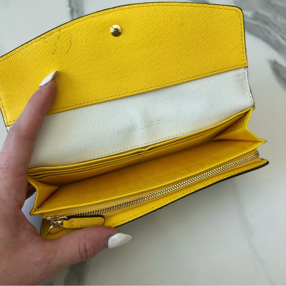 MICHAEL KORS Navy Blue & Yellow Leather Long Wallet Clutch Gold Hardware Button